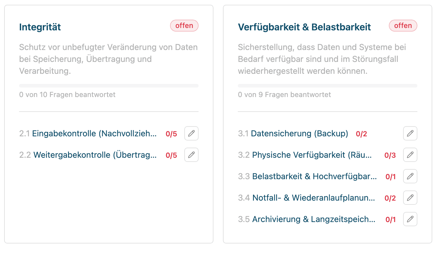 TOM-Manager der PROMANAGE Datenschutz-Software mit den Bereichen Integrität sowie Verfügbarkeit und Belastbarkeit
